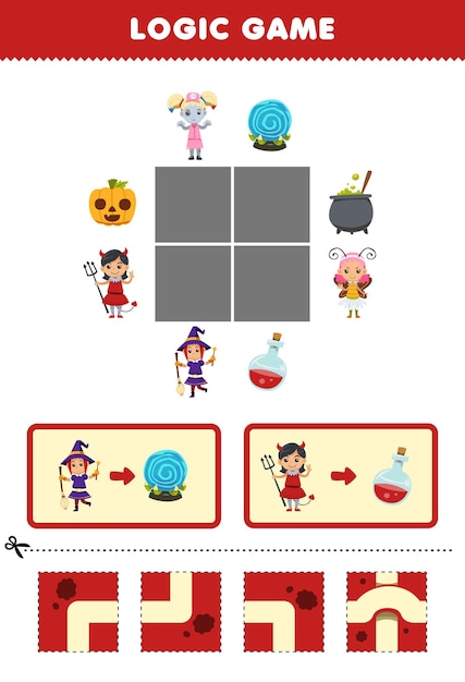 子供のための教育ゲーム ロジック パズル 魔女と悪魔の少女コスチューム ハロウィーンの印刷可能なワークシートのための道を構築します。