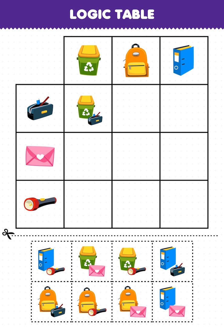 Vector education game for children logic table cartoon bin bag and folder match with correct pencil case envelope or flashlight printable tool worksheet