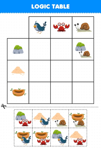 Education game for children logic table cartoon bird crab snail match with stone sand or nest printable nature worksheet