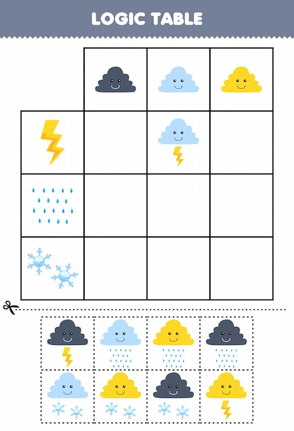 Education game for children logic table cartoon cloud match with thunder rain or snowflake printable nature worksheet