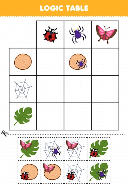 Education game for children logic table cartoon ladybug spider butterfly match with wood web or leaf printable nature worksheet