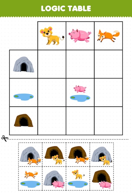 Education game for children logic table cartoon lion cub pig and fox match with cave pond or den printable nature worksheet