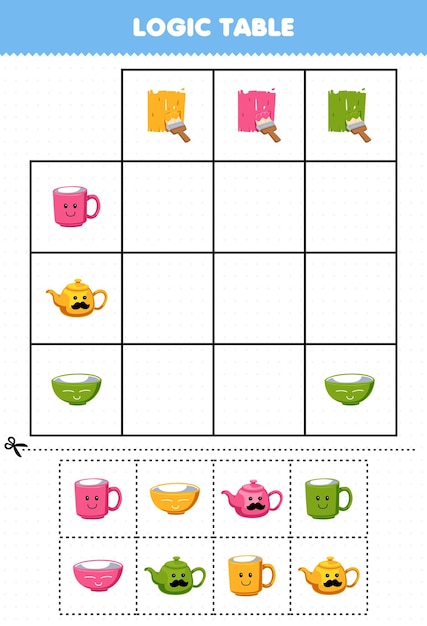 Vector education game for children logic table cartoon mug teapot and bowl match with correct color printable tool worksheet
