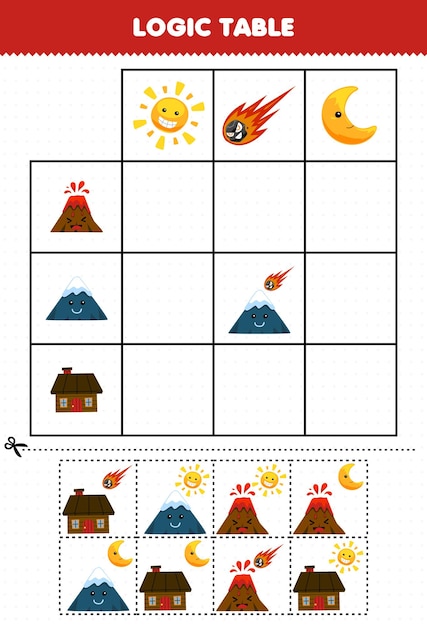 Gioco educativo per bambini tavola logica cartone animato sole meteora luna partita con foglio di lavoro natura stampabile casa di montagna vulcano