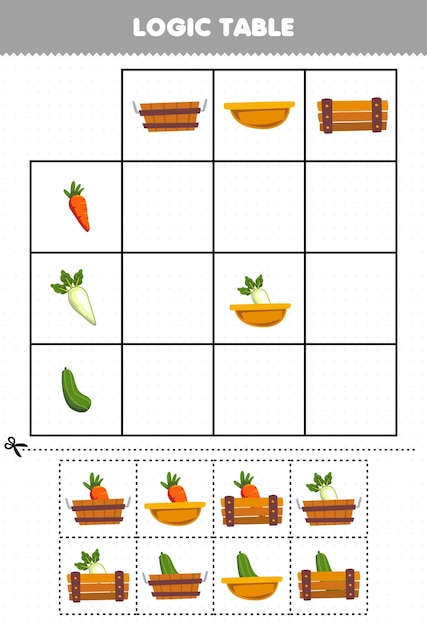 Education game for children logic table cartoon vegetable carrot radish cucumber match with correct basket printable worksheet