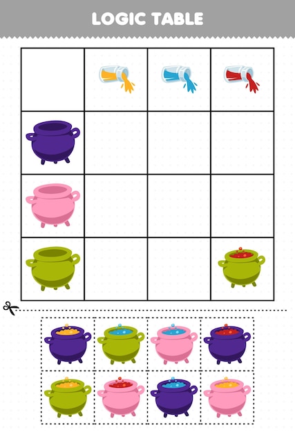 Education game for children logic table cauldron halloween printable worksheet