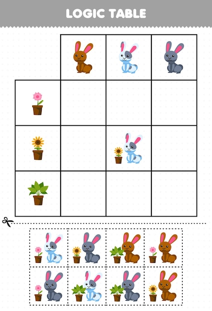 Education game for children logic table cut and match of cute cartoon flower plant and rabbit picture printable farm worksheet