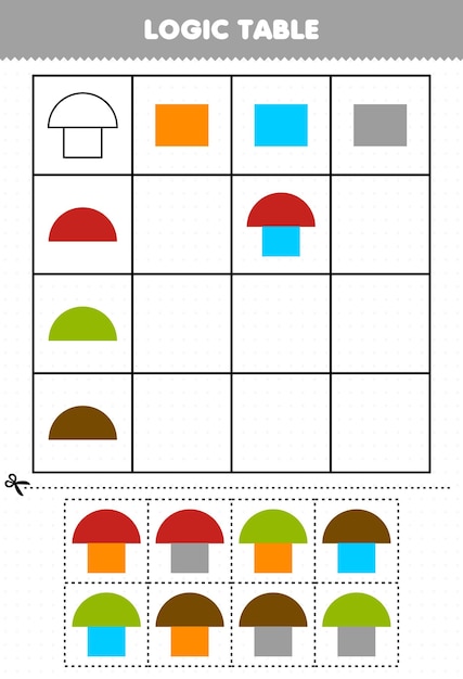 Education game for children logic table geometric shape rectangle and half circle printable worksheet