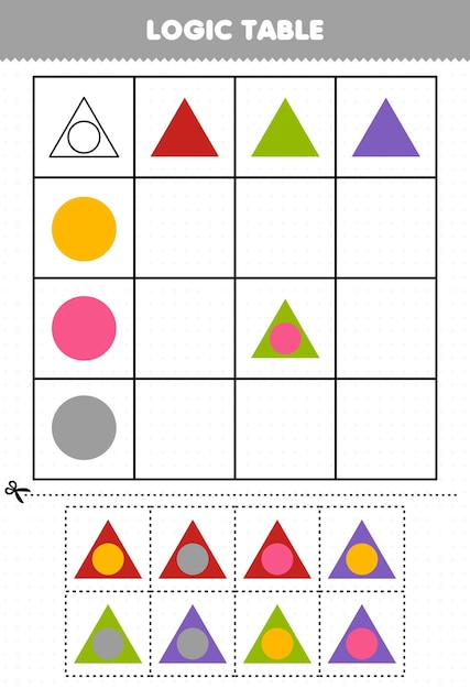 Vettore gioco educativo per bambini tabella logica forma geometrica triangolo e foglio di lavoro stampabile cerchio