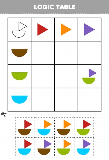 어린이 논리 테이블 기하학적 모양 삼각형 및 반원 인쇄용 워크 시트를위한 교육 게임