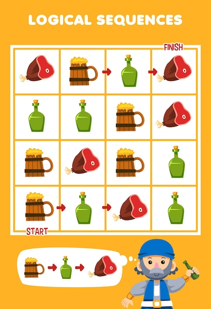 Education game for children logical sequence help old man sort mug bottle and meat from start to finish printable pirate worksheet