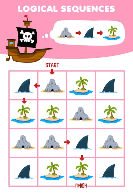 Education game for children logical sequence help wooden ship sort cave and island from start to finish printable pirate worksheet