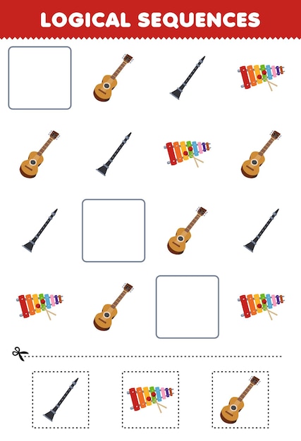 Vector education game for children logical sequences for kids with cartoon guitar clarinet xylophone printable music instrument worksheet