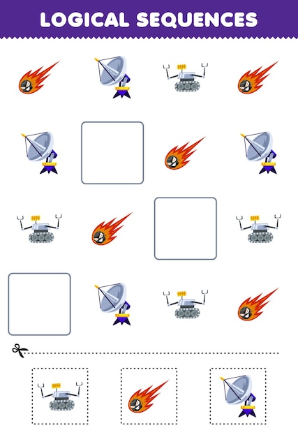 Education game for children logical sequences for kids with cute cartoon comet radar robot printable solar system worksheet