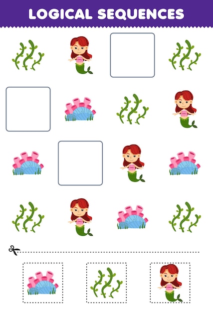 Education game for children logical sequences for kids with cute cartoon coral seaweed mermaid printable underwater worksheet