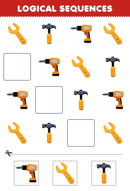 Education game for children logical sequences for kids with cute cartoon drill hammer wrench printable tool worksheet