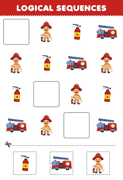 Education game for children logical sequences for kids with cute cartoon firefighter firetruck extinguisher printable profession worksheet