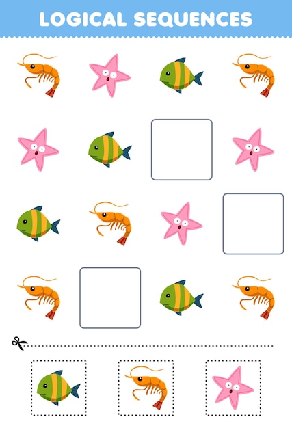 Education game for children logical sequences for kids with cute cartoon fish shrimp starfish printable underwater worksheet