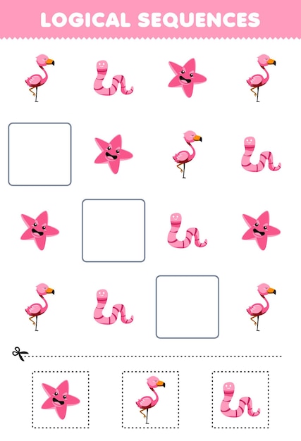 Education game for children logical sequences for kids with cute cartoon flamingo starfish worm picture printable pink animal worksheet