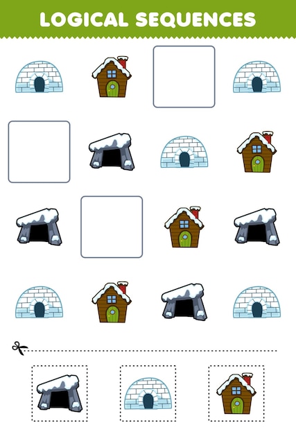 Education game for children logical sequences for kids with cute cartoon igloo snowy house den printable winter worksheet