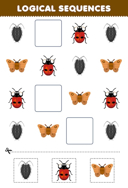 Education game for children logical sequences for kids with cute cartoon louse ladybug moth printable bug worksheet