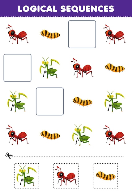 Education game for children logical sequences for kids with cute cartoon mantis ant silkworm printable bug worksheet