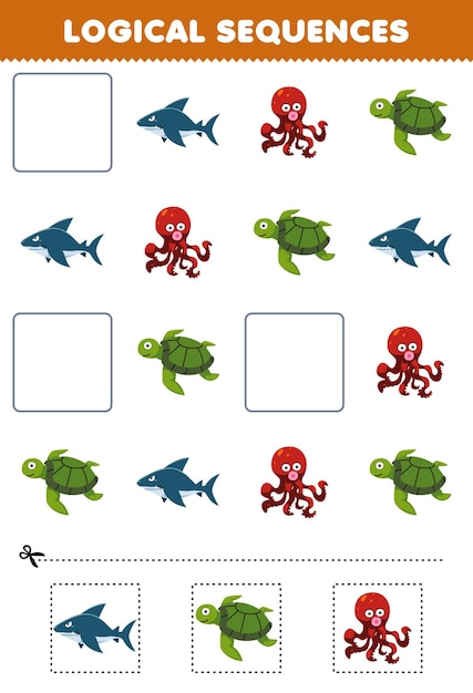 Education game for children logical sequences for kids with cute cartoon shark turtle octopus printable underwater worksheet