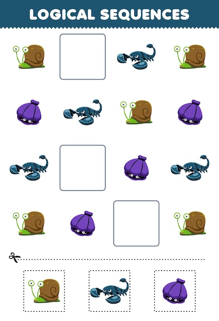 子供向けの教育ゲーム かわいい漫画のカタツムリ サソリ ハマグリの絵 印刷可能な貝殻の動物のワークシートを使った子供向けの論理シーケンス