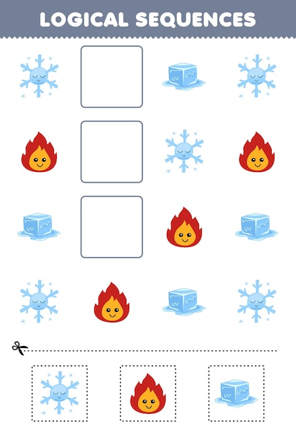 かわいい漫画の雪の結晶、火、氷、印刷可能な自然のワークシートを使用した子供向けの論理シーケンスの子供向け教育ゲーム