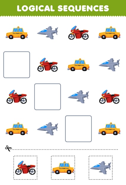 Education game for children logical sequences for kids with cute cartoon taxi jet fighter motorbike printable transportation worksheet