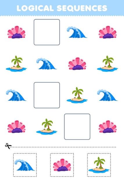 Education game for children logical sequences for kids with cute cartoon wave coral island printable nature worksheet
