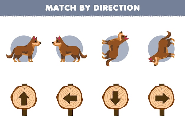 Education game for children match by direction left right up or down orientation of cute cartoon dog printable farm worksheet