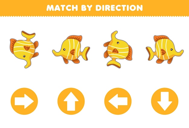 Education game for children match by direction left right up or down orientation of cute cartoon fish printable animal worksheet