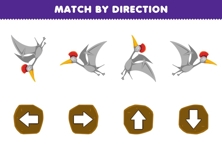 Vector education game for children match by direction left right up or down orientation of cute cartoon hatzegopteryx printable prehistoric dinosaur worksheet