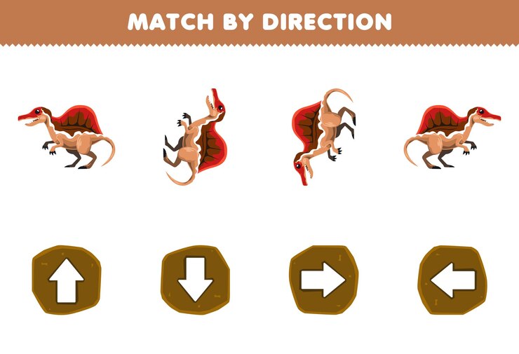 Vector education game for children match by direction left right up or down orientation of cute cartoon spinosaurus printable prehistoric dinosaur worksheet