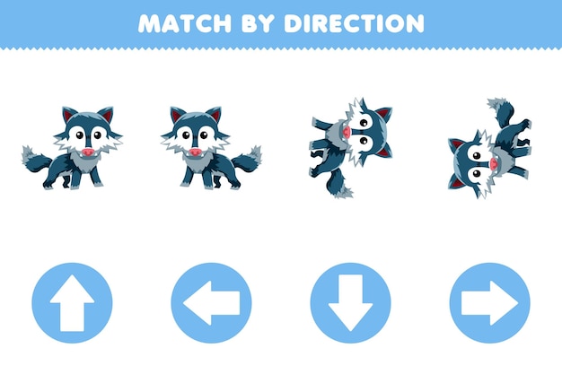 Vector education game for children match by direction left right up or down orientation of cute cartoon wolf printable animal worksheet