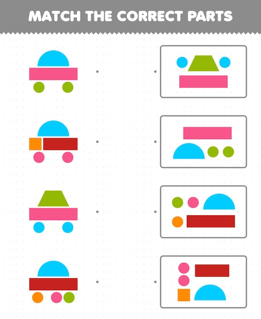 子供のための教育ゲームは正しい部分の幾何学的形状に一致します10半円正方形台形長方形印刷可能なワークシート