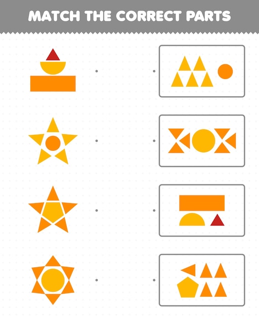 어린이를위한 교육 게임은 정확한 부품 기하학적 모양 2 원 정사각형 삼각형 직사각형 오각형 인쇄 가능한 워크 시트와 일치합니다.