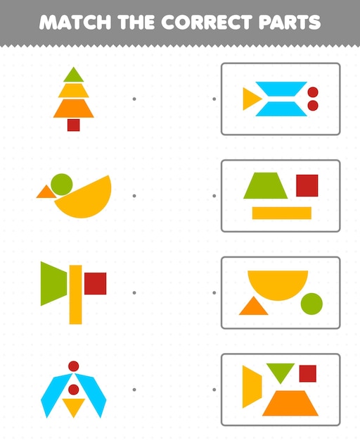 子供のための教育ゲームは正しい部分の幾何学的形状に一致します4円正方形三角形長方形台形印刷可能なワークシート