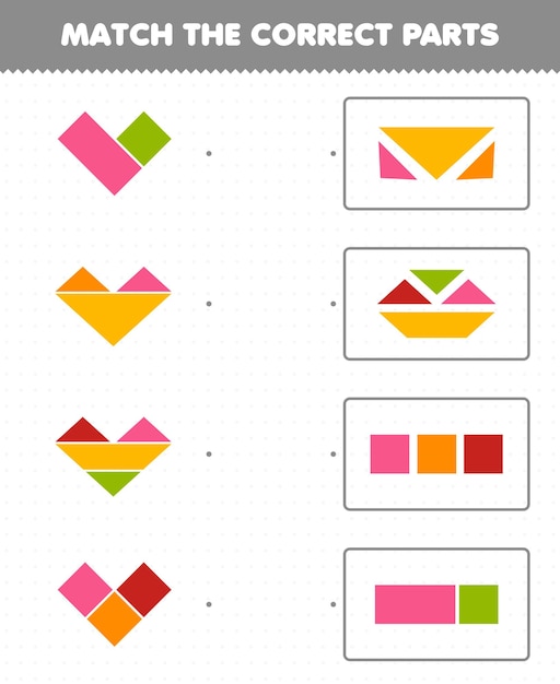 Education game for children match the correct parts geometric shapes 6 square triangle rectangle printable worksheet