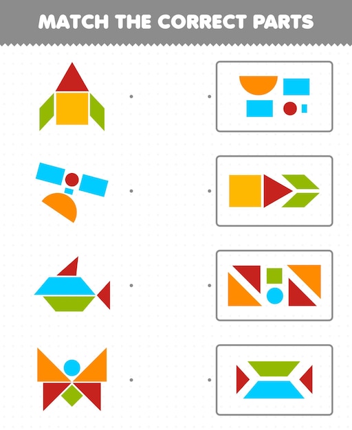 Образовательная игра для детей: сопоставьте правильные части геометрических фигур 7 круг, квадрат, треугольник, трапеция, параллелограмм, прямоугольник, лист для печати