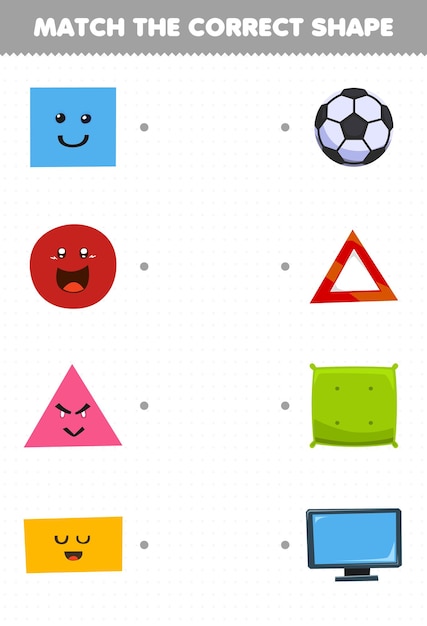 Vector education game for children match the correct shape of geometric object square pillow circle soccer ball triangle emergency sign rectangle monitor printable worksheet