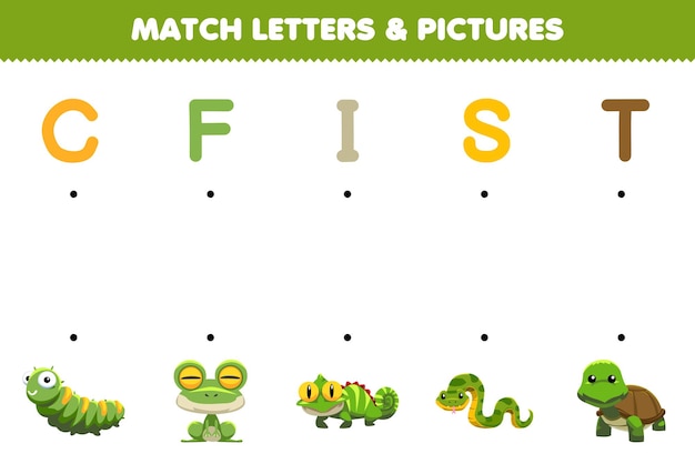 어린이를 위한 교육 게임은 귀여운 만화 애벌레 개구리 이구아나 뱀 거북이 인쇄 가능한 동물 워크시트의 문자와 사진을 일치시킵니다.