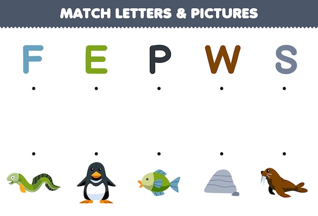 Education game for children match letters and pictures of cute cartoon eel penguin fish stone walrus printable underwater worksheet