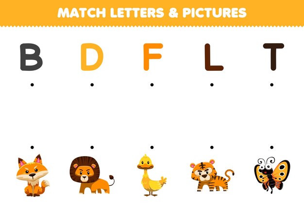 Education game for children match letters and pictures of cute cartoon fox lion duck tiger butterfly printable animal worksheet