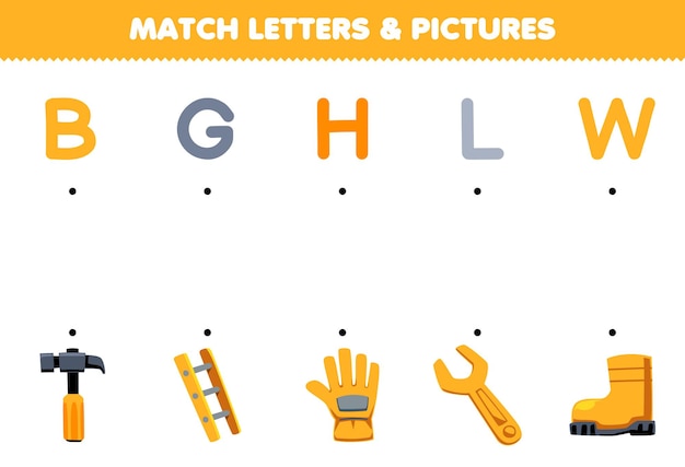 Образовательная игра для детей: сопоставьте буквы и картинки с милым мультяшным молотком, лестницей, перчаткой, гаечным ключом, инструментом для печати, рабочим листом