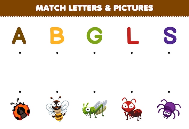 Il gioco educativo per bambini abbina lettere e immagini del simpatico cartone animato coccinella ape cavalletta formica ragno foglio di lavoro animale stampabile