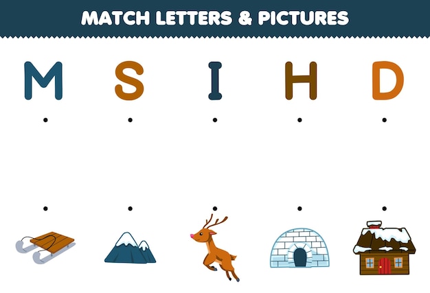 Образовательная игра для детей: сопоставьте буквы и картинки милого мультяшного домика в иглу на санях с горными оленями. Зимний рабочий лист для печати