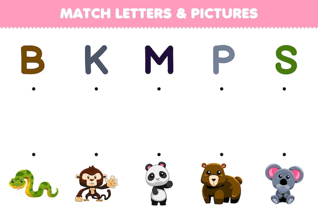 어린이를 위한 교육 게임은 귀여운 만화 뱀 원숭이 팬더 곰 코알라 인쇄용 동물 워크시트의 글자와 사진을 일치시킵니다.