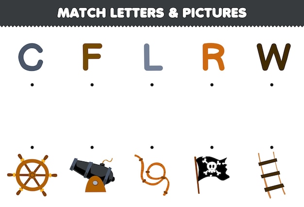 Il gioco educativo per bambini abbina le lettere e le immagini del foglio di lavoro pirata stampabile della scaletta della bandiera della corda del cannone della ruota del cartone animato
